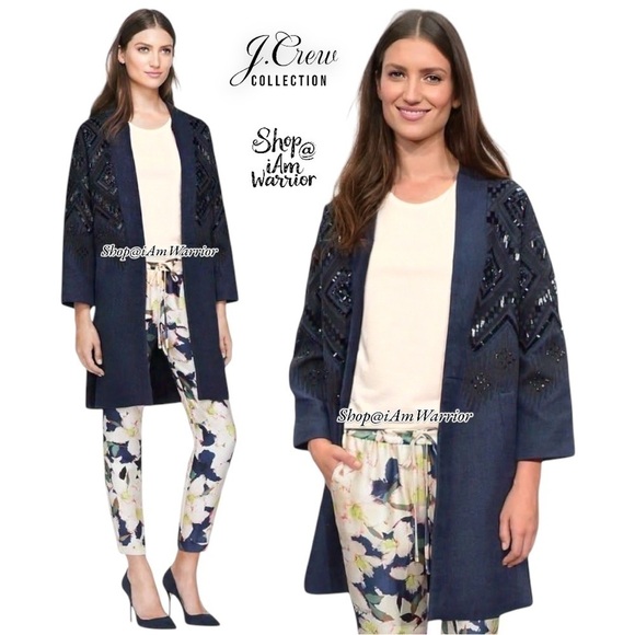 J.Crew Collection black beaded embroidered linen navy topcoat *shop@iamwarrior - Picture 2 of 15